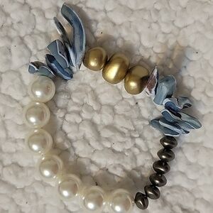 Plunder Design faux pearl, blue, pewter, and gold beaded stretchy bracelet